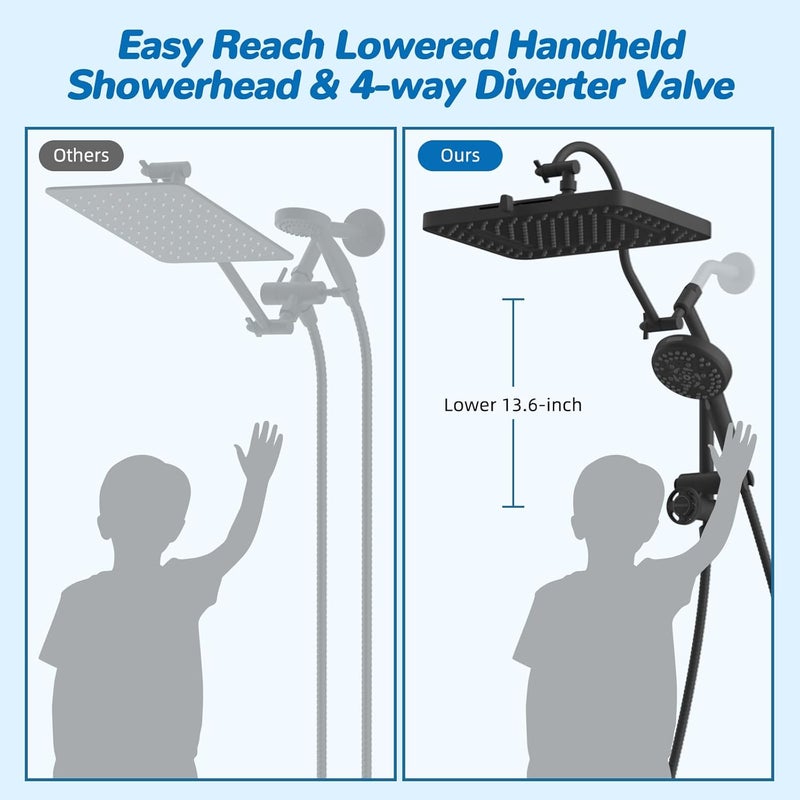 Hibbent cUPC Certified 13'' Shower Head Combo, High Pressure 5 Spray Rainfall Showerhead, 10 Spray Mode Handheld, All Metal Easy Reach 4-way Diverter Arm with Pause Mode, 71'' Hose and Holder, Black - Image 5